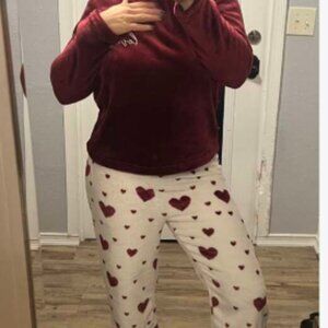 Heart-Shaped Flannel Long Sleeve Top & Pants Fluffy Pajama Set For Warmth Cozy A